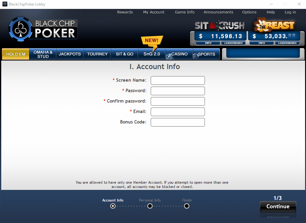 Black Chip Poker Registration Step 2